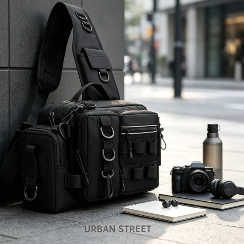 Black Multi-Pocket Sling Bag with MOLLE Webbing & D-Rings for Outdoor Travel Daily Carry Lightweight Nylon Shoulder Pack