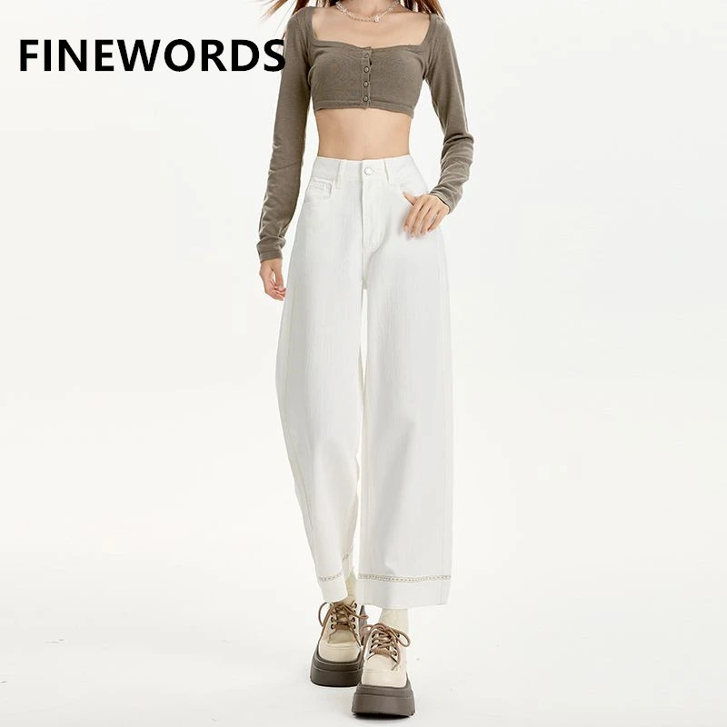 

FINEWORDS Vintage Casual High Waist Harem Jeans Women Easymatch Loose Jeans Korean Streetwear White Denim Pants