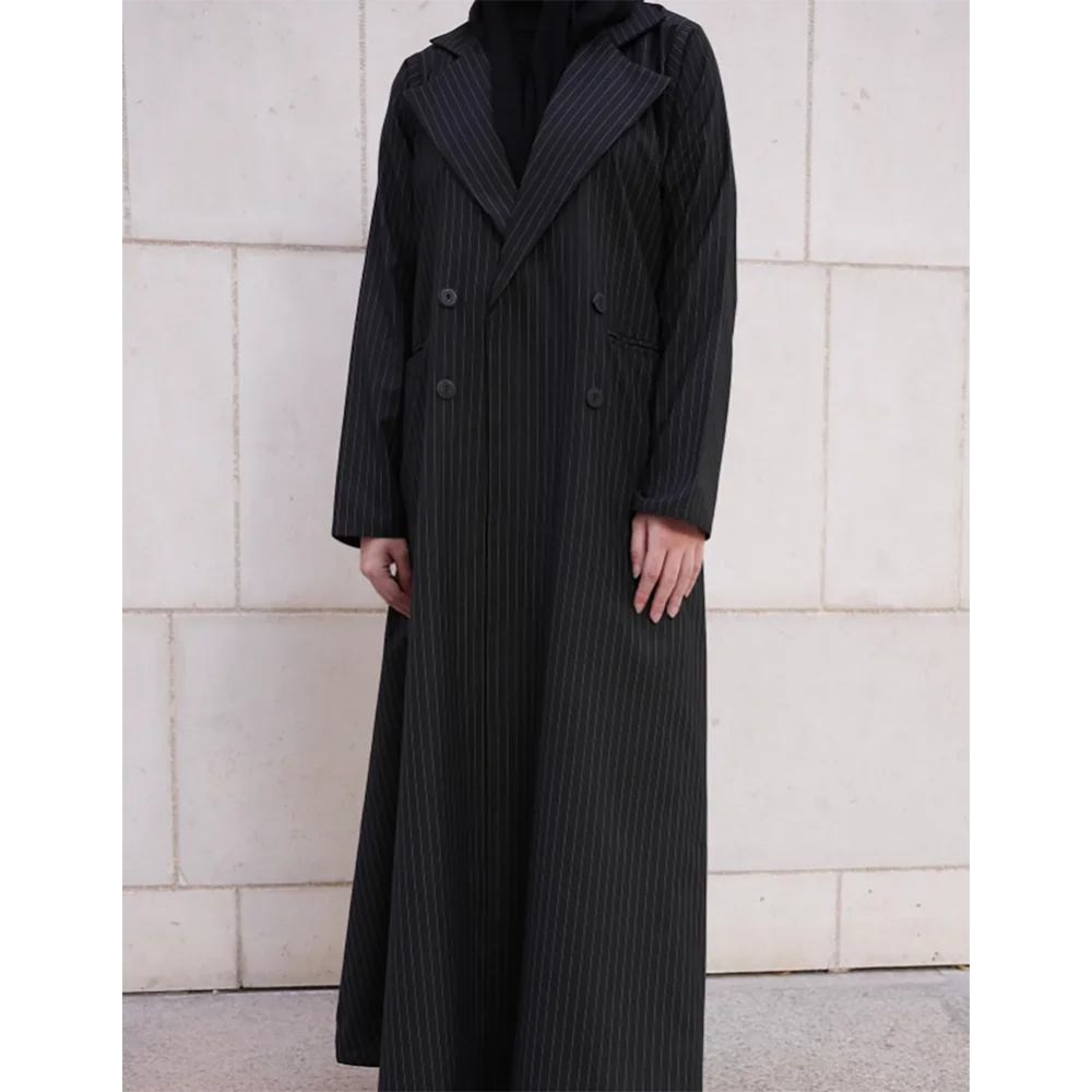 Women Abaya Muslim Robe High Quality Black Stripes Loose Female Blazer New Double Breasted Lady Jacket One Piece فساتين إسلامية