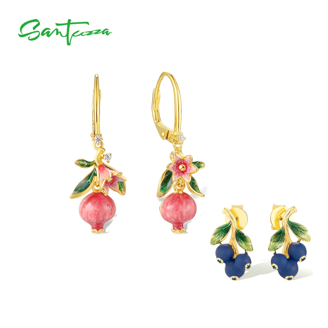 SANTUZZA 925 Sterling Silver Drop Earrings For Women Sparkling Enamel Blueberries Pomegranate Lovely Fruits Party Fine Jewelry