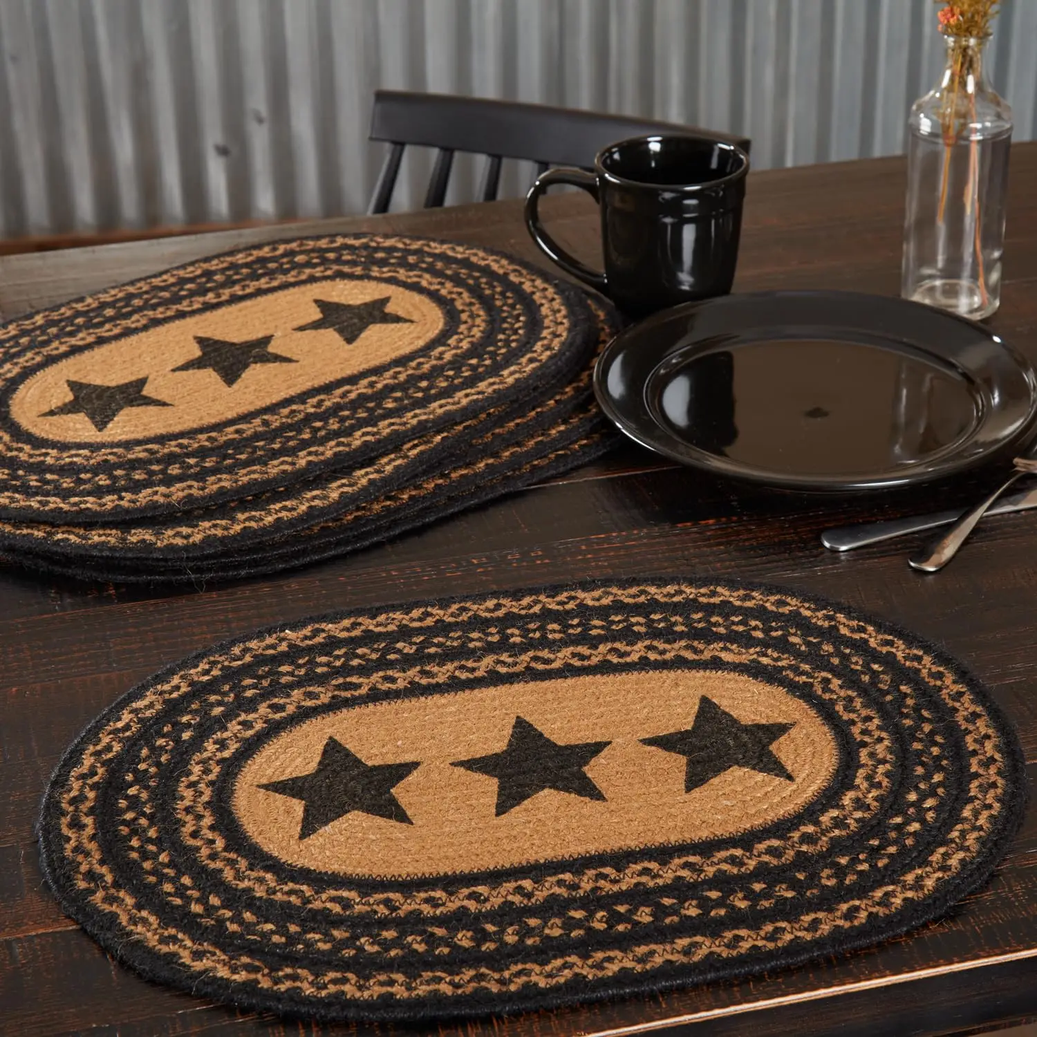 Farmhouse Primitive Jute Black Textured Kitchen Placemat Stencil Stars Set of 6 12