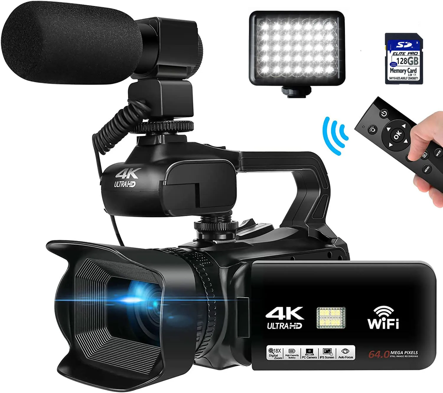 4K Digital Video Camera WiFi Camcorder DV Recorder 64MP 18X Digital Zoom 4.0 Inch IPS Touchscreen