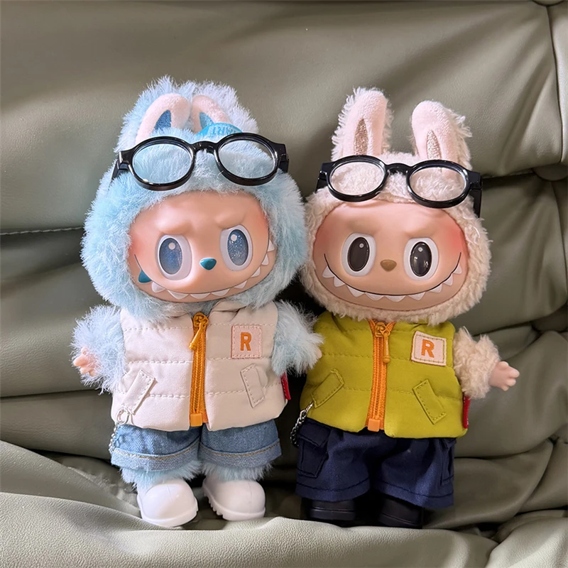 ل 15 17 سنتيمتر Labubu دمية أسفل السترات الليزر تزلج ملابس عصرية الشتاء أسفل سترة مع أحذية الجينز الزي الكامل الملابس