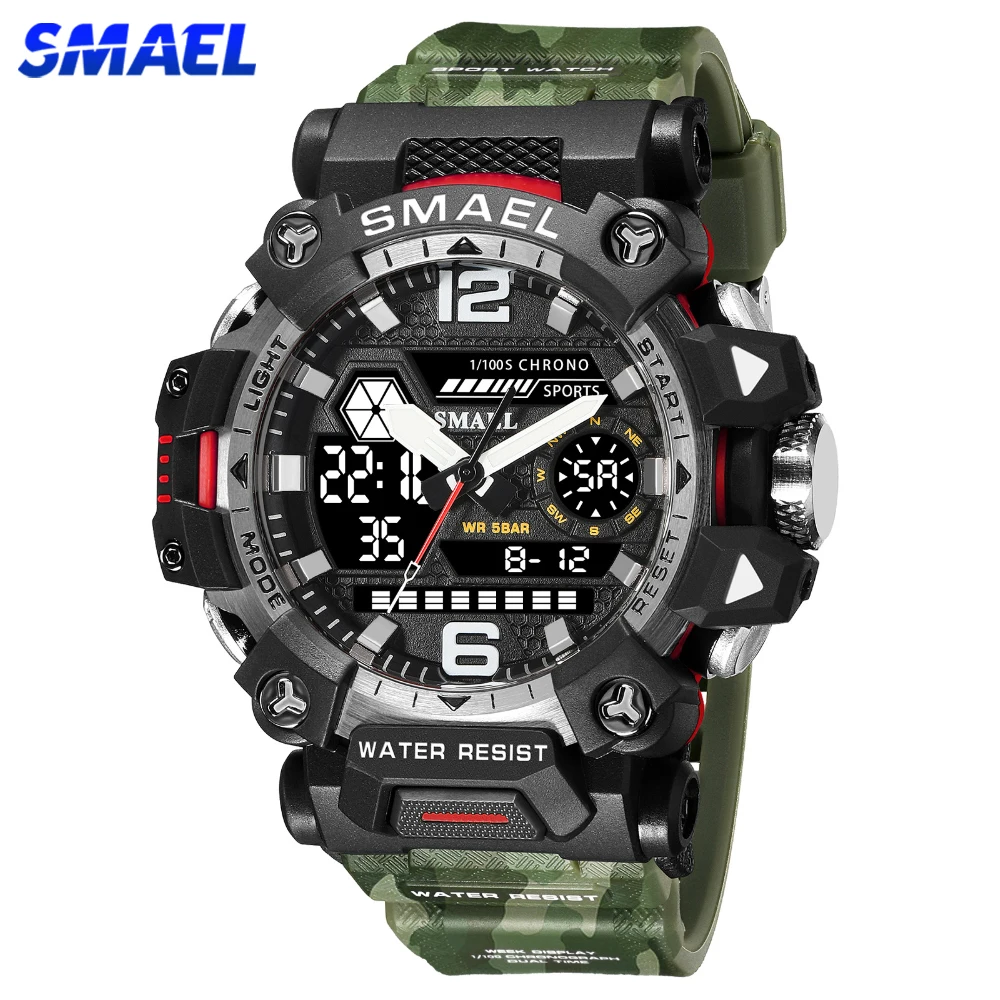 

SMAEL Dual Display Alloy Case Watches for Men Waterproof Sports Military Male Camo Quartz Digital Wristwatch Alarm Stopwatch