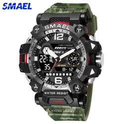 SMAEL Dual Display Alloy Case Watches for Men Waterproof Sports Military Male Camo Quartz Digital Wristwatch Alarm Stopwatch