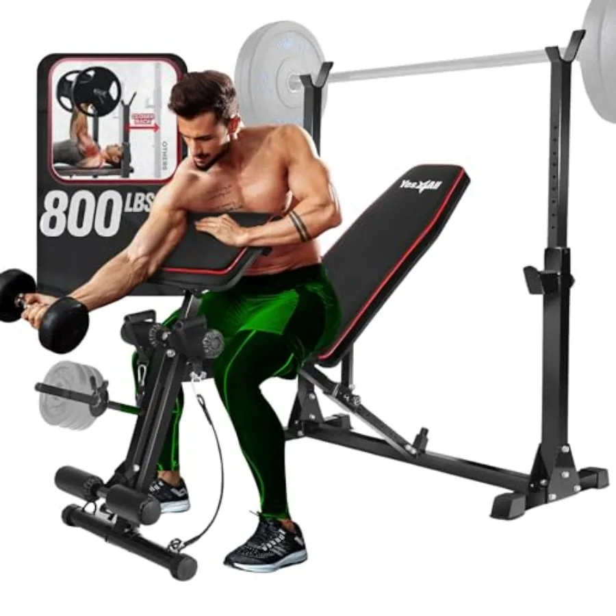 

Adjustable Weight Bench with Rack 800lbs Workout Bench Press with Leg Extension Preacher Curl Pad and Resistance Bands for Home
