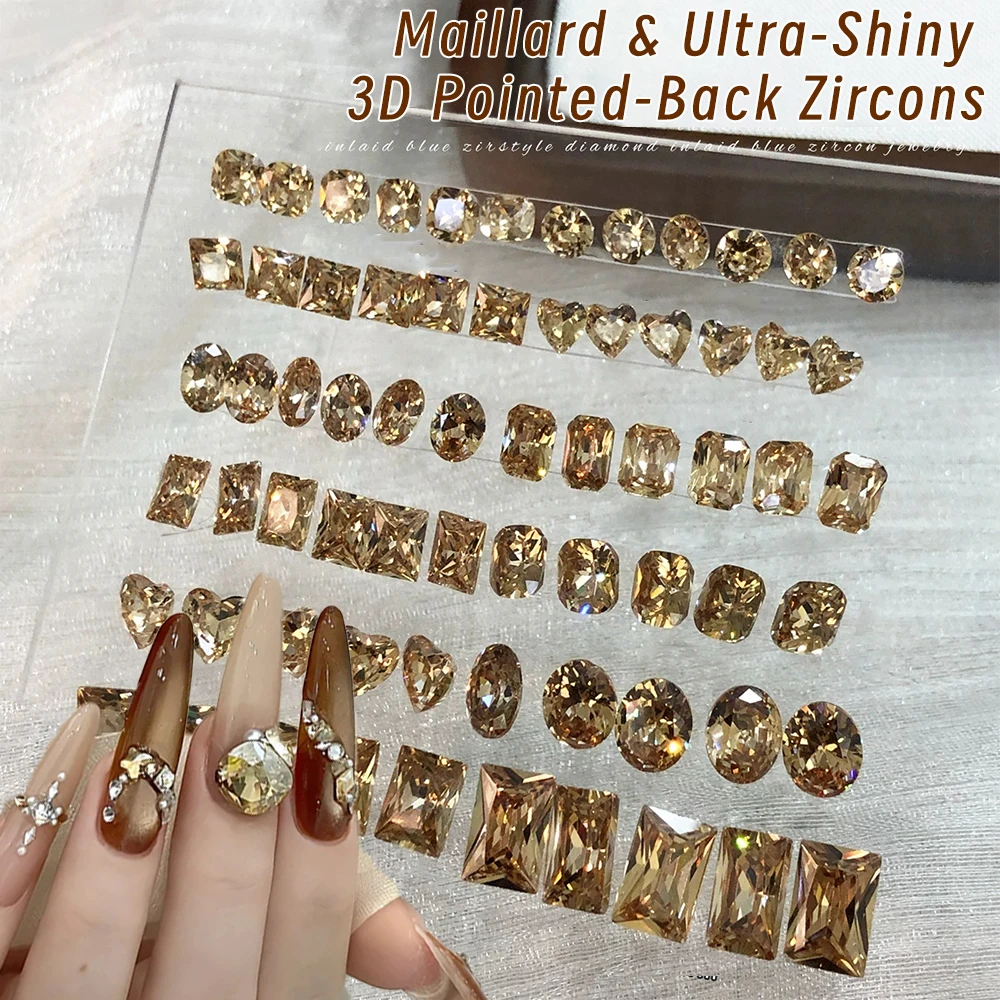 10 قطعة ثلاثية الأبعاد الفاخرة الشمبانيا الزركون مسمار الفن الراين وأشار أسفل مربع على شكل قلب البيضاوي الزجاج الماس مسمار السحر الديكور