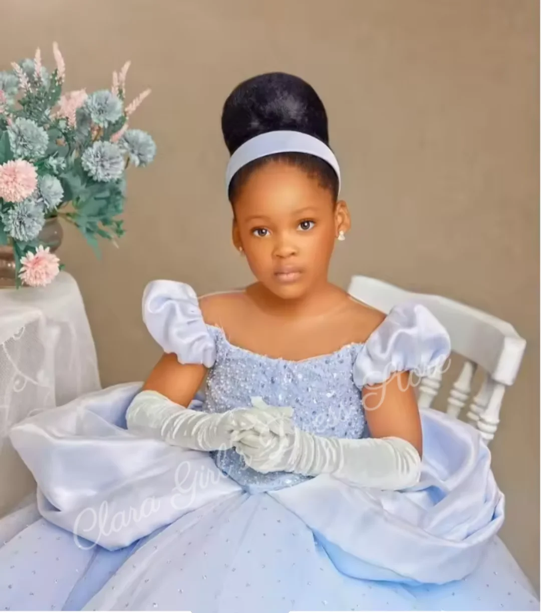 Robe de soirée à fleurs bleu clair pour filles, tenue de soirée à paillettes, col rond, ourlet Long, pour fête d'anniversaire, première Communion