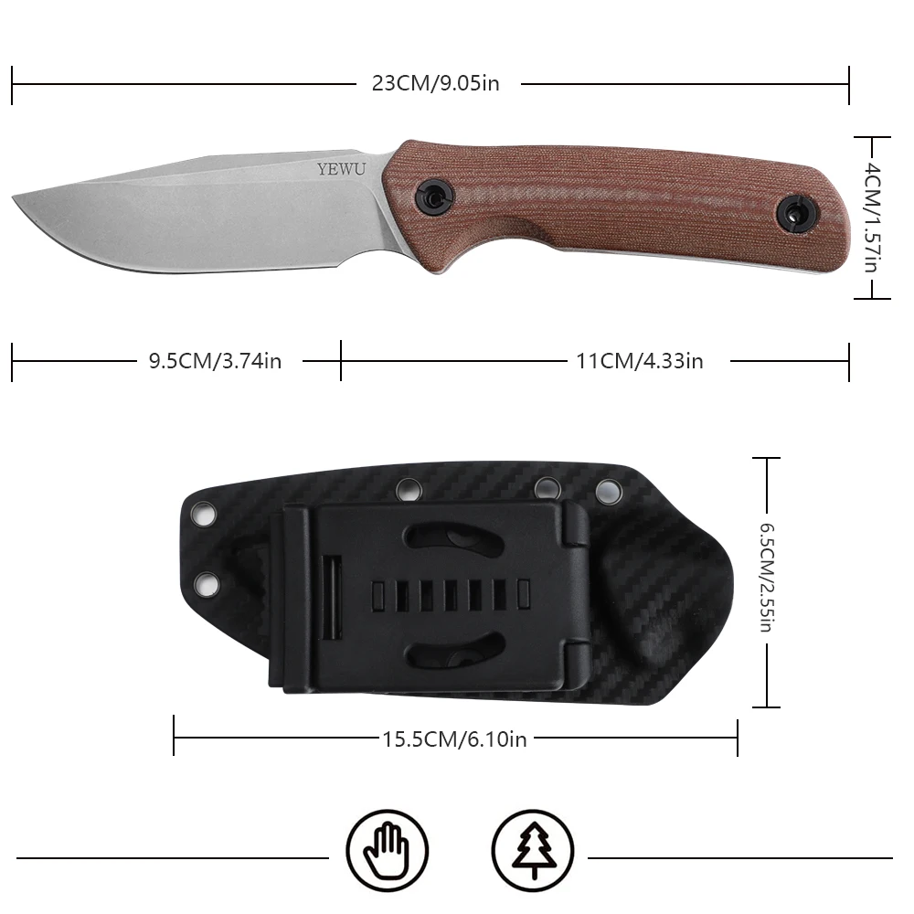 Cuchillo fijo de caza YEWU ", cuchillo táctico para acampar al aire libre, mango de lino de acero All Tang 440 afilado, funda Kydex