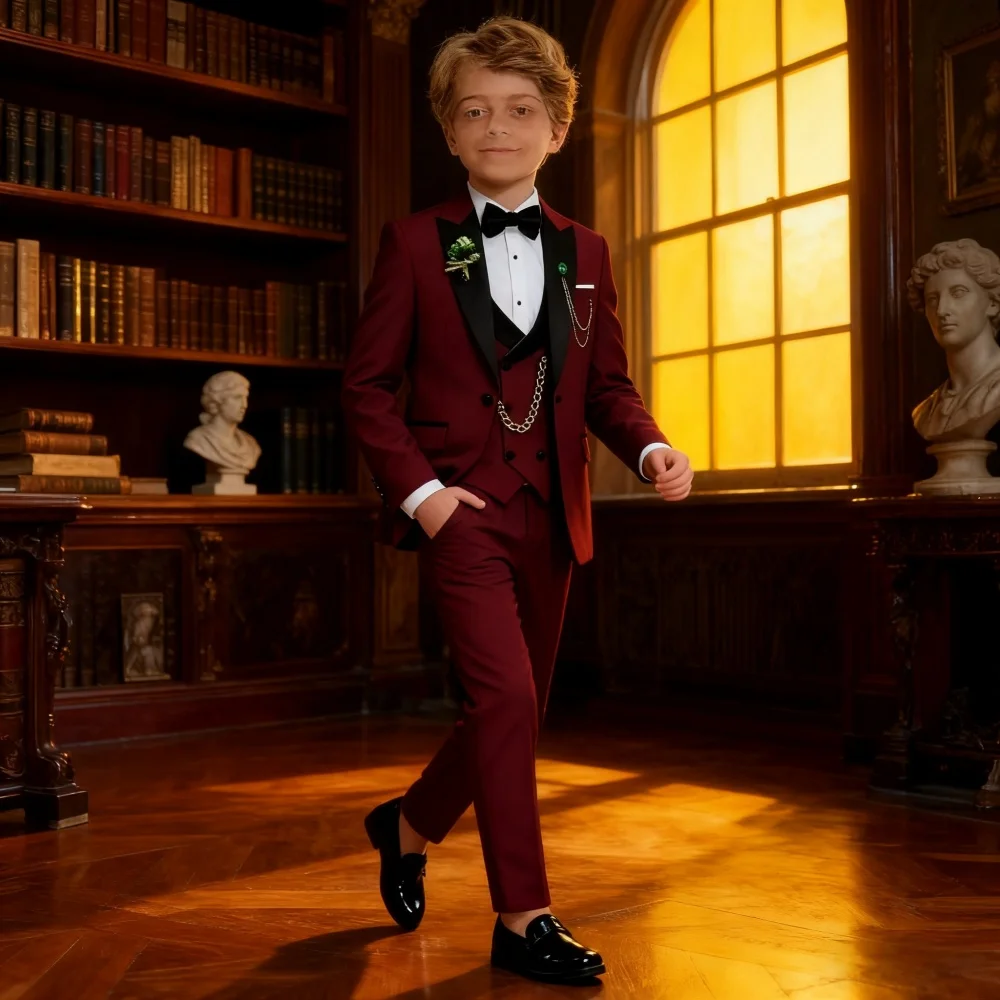 

Elegant Single-Breasted Boys' Birthday Suit Set Formal Wine Red Children's Suit For Boys' Campus Suit Includes Coat Pants Vest