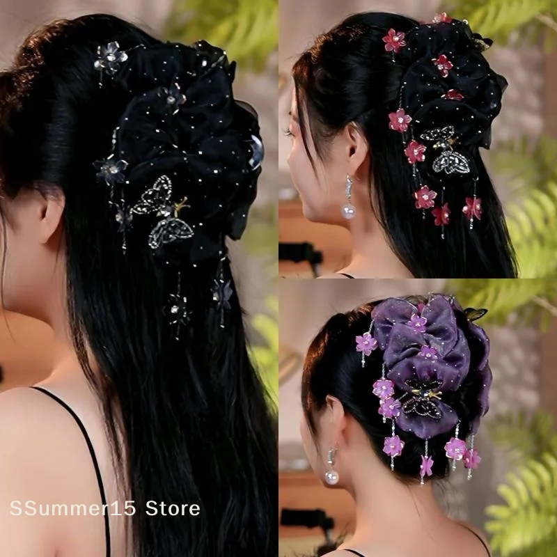 

【R】Fashion Light Luxury Butterfly Flower Tassel Hair Claw For Women Girls Elegant Temperament Shark Clip Hair Accessories