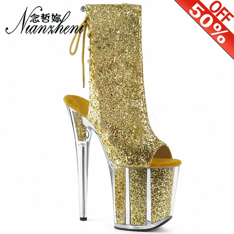 Gothic Peep Toe Strip Pole Dance High Heels Bling Sequin Platform Ankle Boots 20cm Gold Women Shoes Big Size Exotic Crossdresser