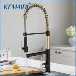 KEMAIDI Black&Brush Gold Gourmet Kitchen Spring Faucets Kitchen Sink Faucet Hot Cold Water Mixer 360 Degree Rotation Tap