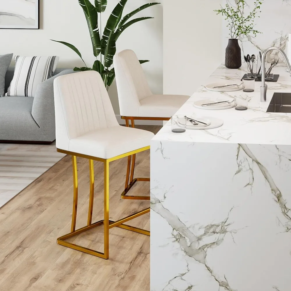 Bar Stool Set (2 Stools), 24 Inches High, with Padded Backrests, Leather, Gold-plated Metal Frame