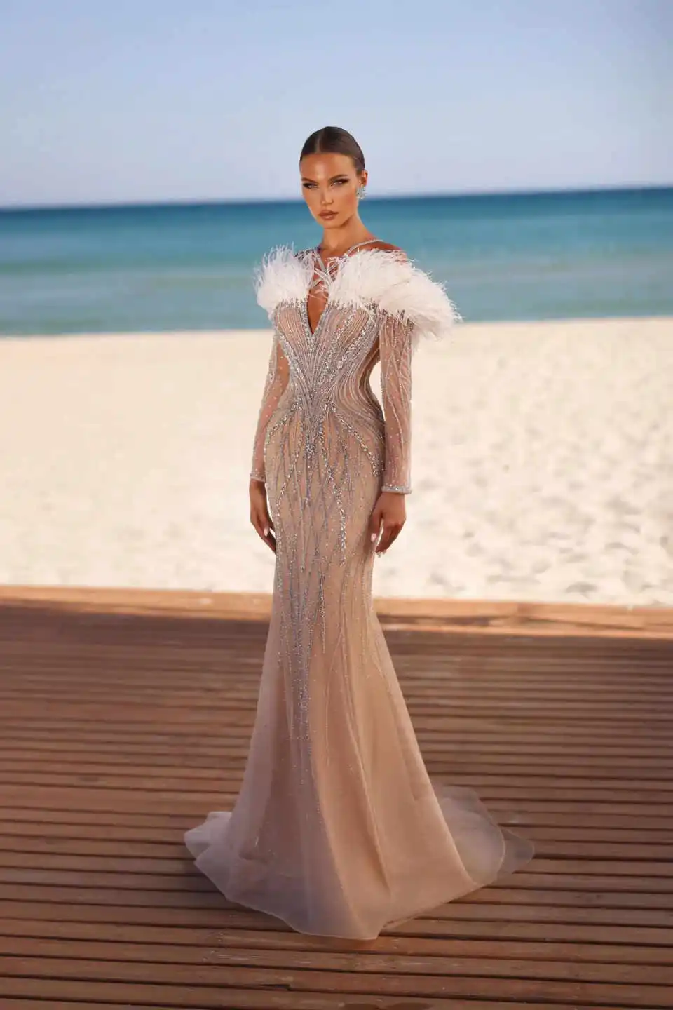 Luxurious Mermaid Evening Dress Long Sleeve Beaded Feather Crystal Prom Gowns Floor Length Formal Party Dresses Customized