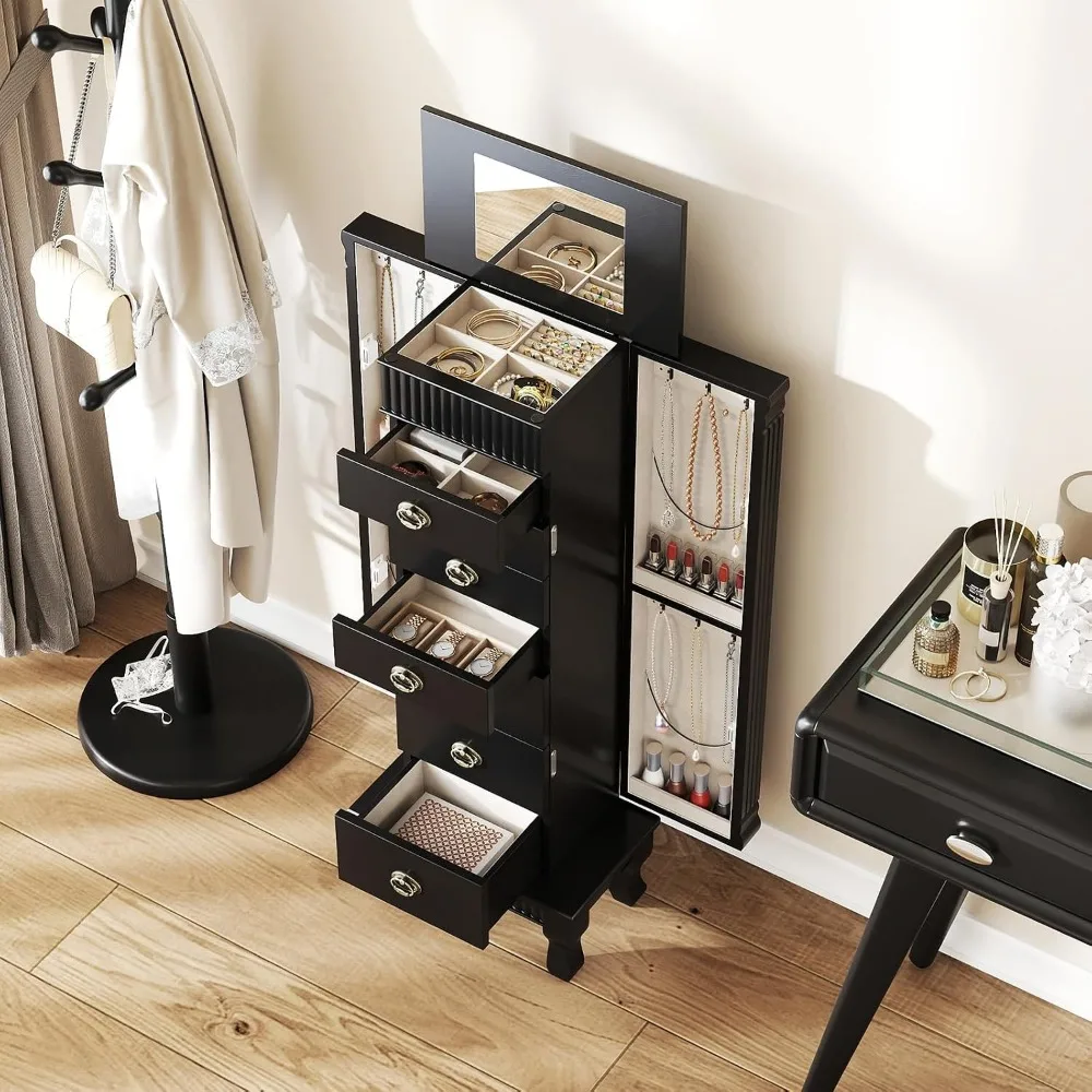 Jewelry Armoire Standing Box with Mirror and 7 Drawers, Black