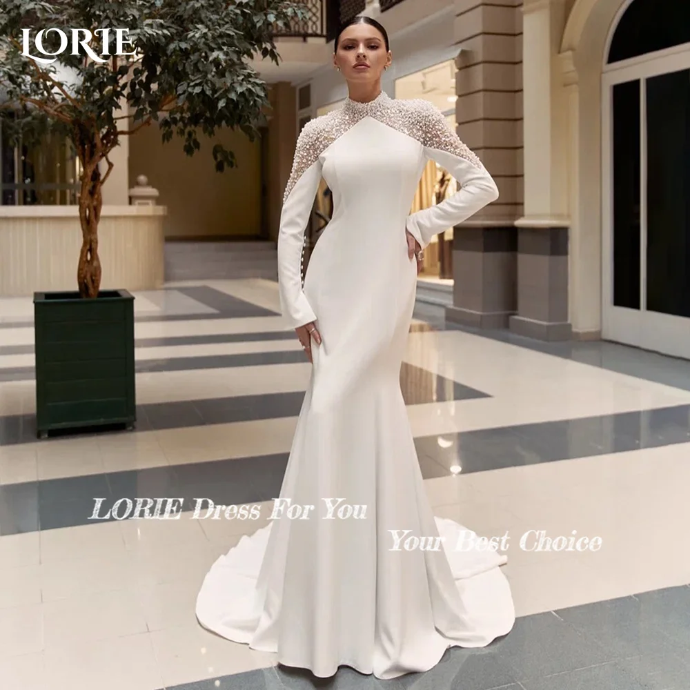 

LORIE Vintage Pearls Mermaid Wedding Dresses Muslim Long Sleeve High Collar Bridal Gown Button Princess Bride Dress Customized