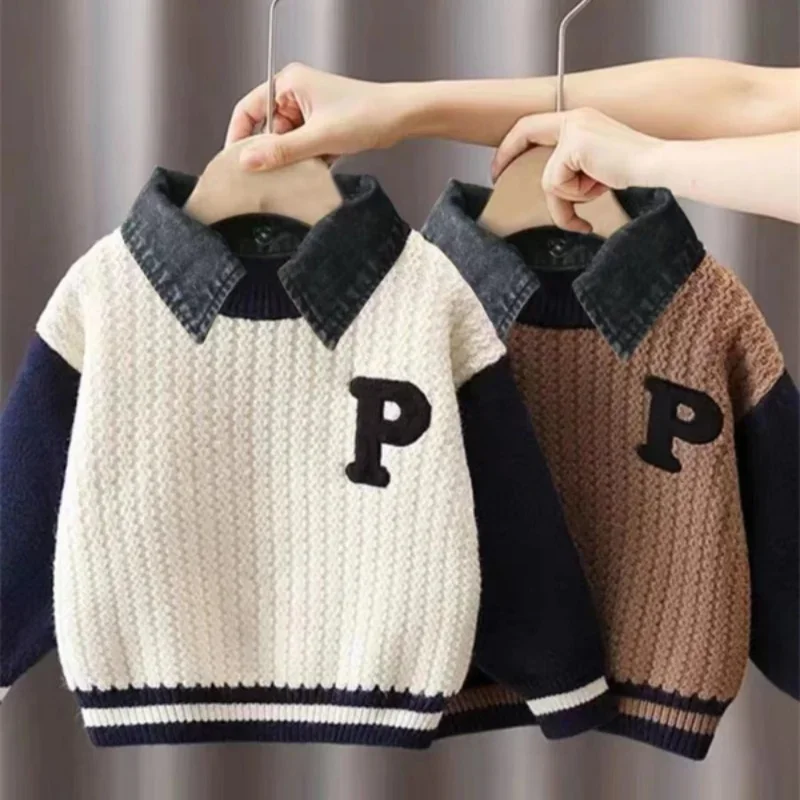 

Boys Sweater Wool Coat Kids Tops Knitting 2024 Charming Spring Autumn Plus Thicken Cottons Pullover Formal Sport Children's Clot