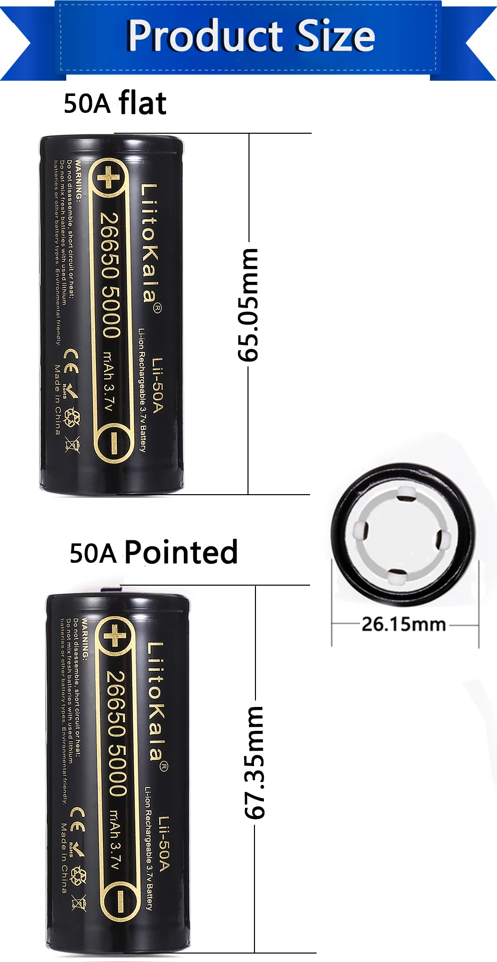 2PCS LiitoKala High Capacity 26650 5000mah Li-ion Rechargeable Battery Lii-50A 3.7v 26650-50A battery for Flashlight 20A