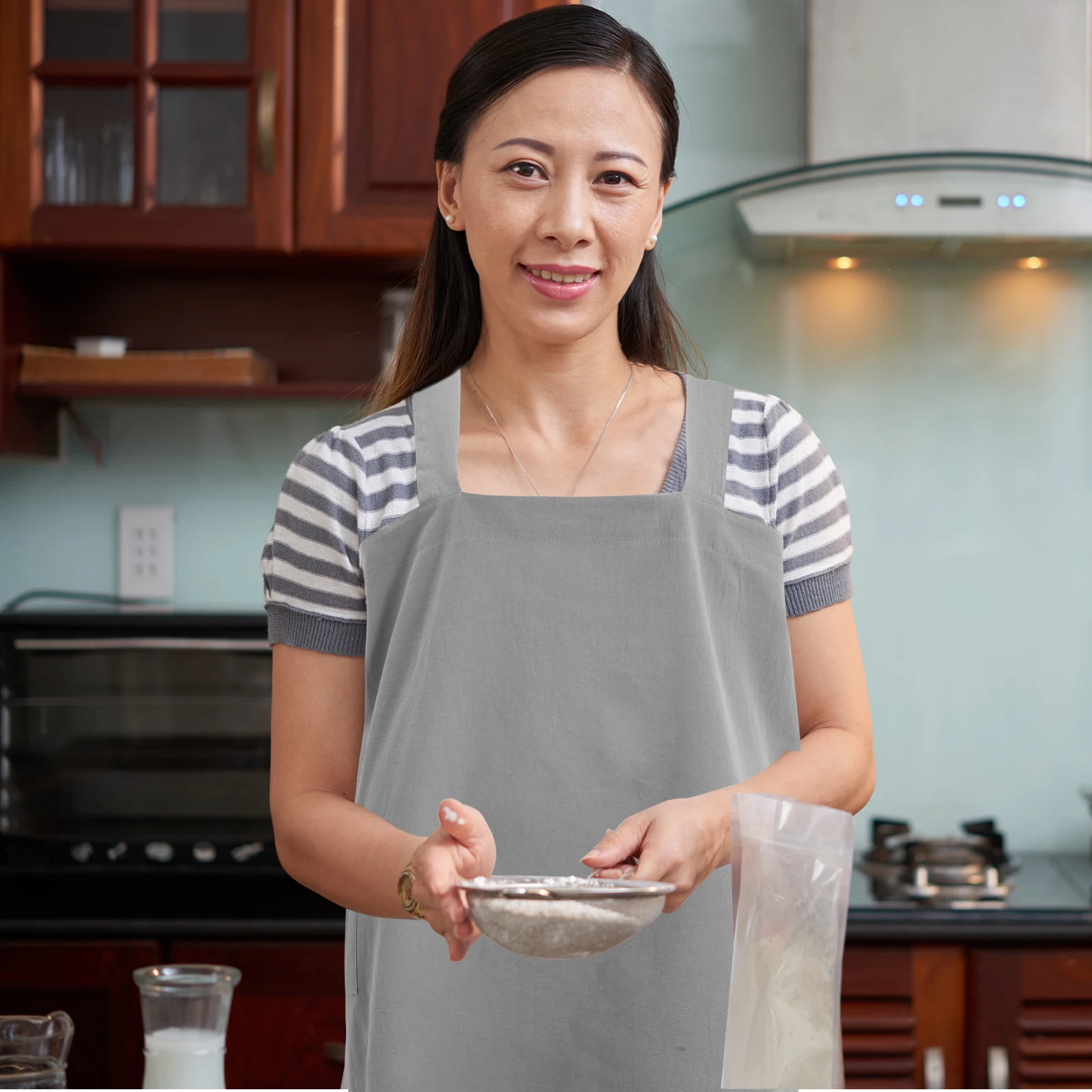 

Cotton Linen Apron Dress With Pockets For Women Cooking Art Crafts Household Lightweight Cross Back Light Grey