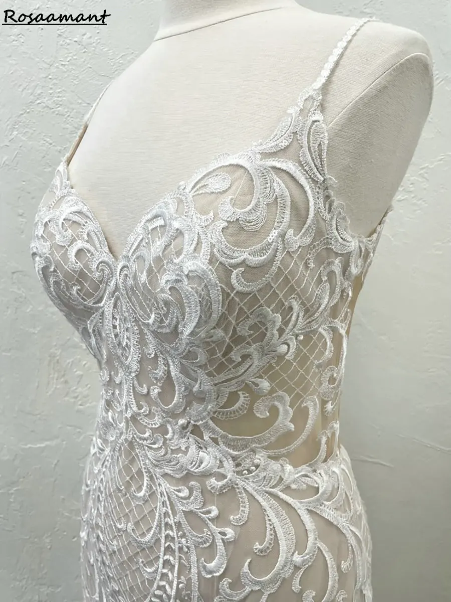 Gaun pernikahan tanpa lengan punggung terbuka sampanye gaun pengantin wanita applique tali Spaghetti gaun pengantin Negara renda