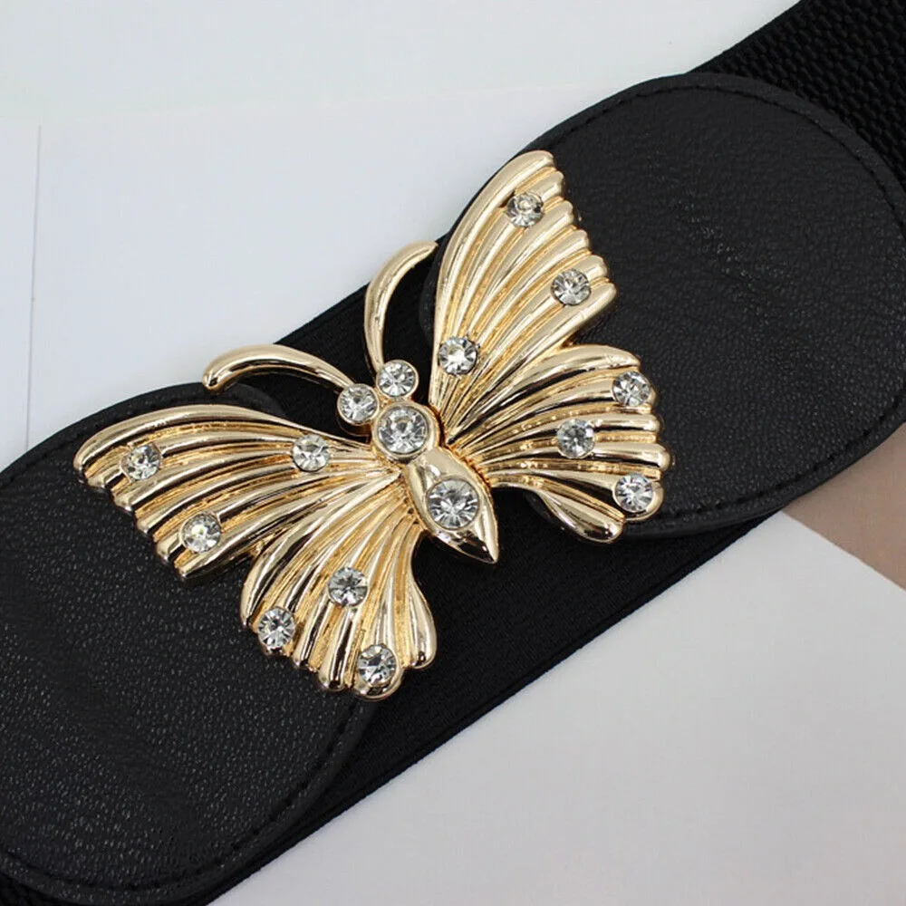 Big Size Waistband Belt Fashion Rhinestone Metal Buckle Elastic Wide Belt Black Stretch Waistband Ladies