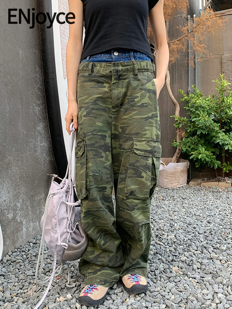 

ENjoyce Women Vintage Camouflage Pants Y2K Streetwear Patchwork Denim Design High Waist Loose Wide Leg Trousers 2024 Spring