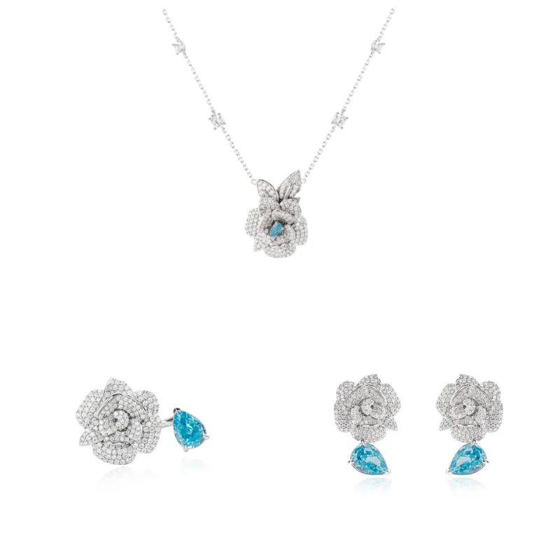 

BELLUX 2025 Spring/Summer New Silver Rose Ring Earring Pendant Fashion Flower Jewelry Set