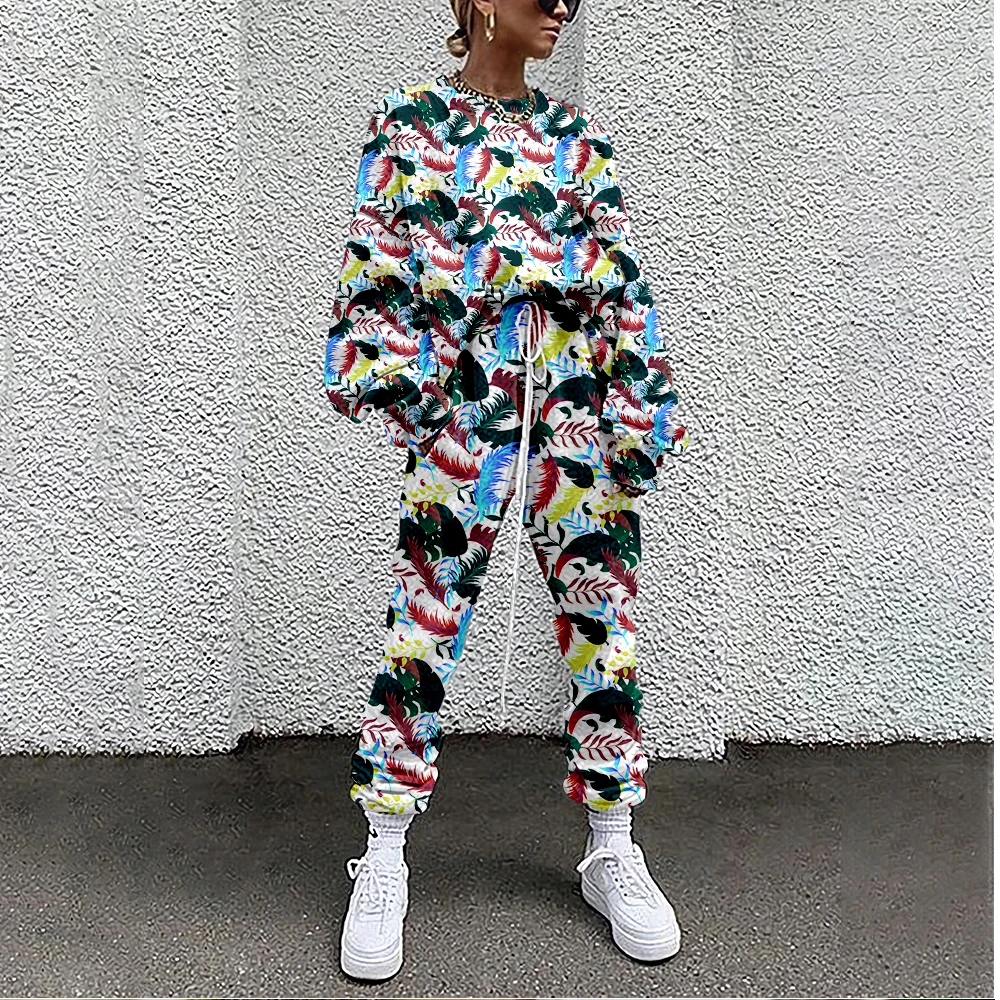 

Women Tracksuit Plant Leaves Print 2 Piece Outfit Sweatshirt+Straight Sweatpants Matching Set Fitness Sporty Streetwear