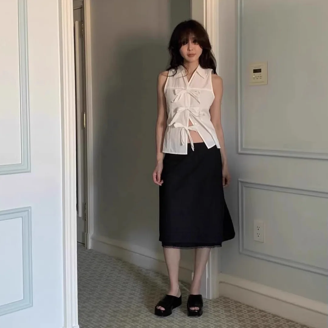 

Smoothmood Summer 2025 Loose Fit Svel Collared Knot irt Vest Women's Korean Sle Breathable Thin Cotton Top