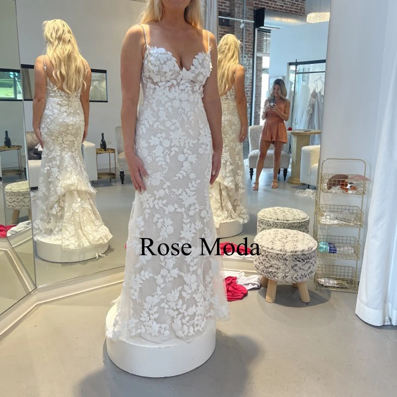 Rosa moda alças finas rendas sereia vestidos de casamento marfim e champanhe destino vestido de noiva foto real personalizado fazer