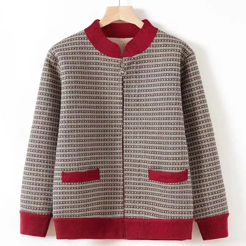 Mature Women Zip Up Cardigan Winter Fleece Lined Plaid Casual Mom Jacket With Pockets