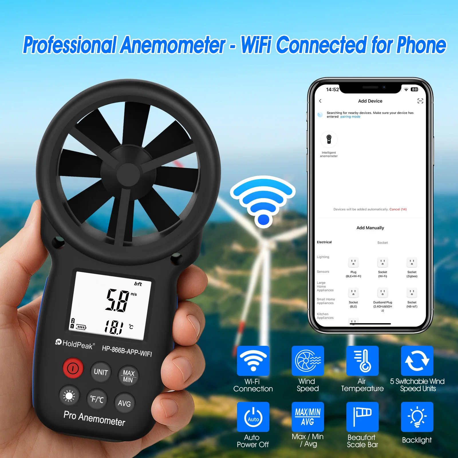 

Smart Anemometer WiFi Tuya APP Wind Speed Meter Air Volume Temp C/F Avg Backlight Auto Off Alarm for Home Garden HVAC User
