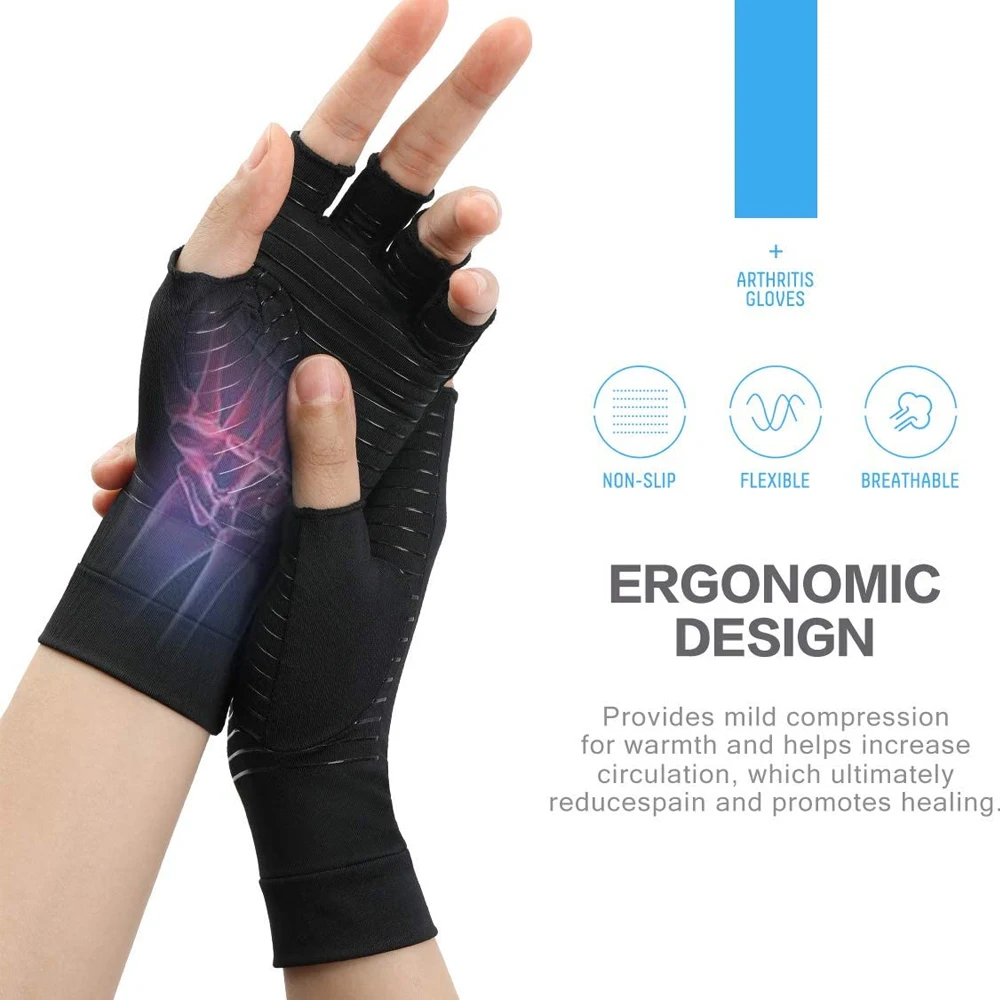 1 Pair Compression Gloves Hand Copper Arthritis Gloves Joint Pain Relief Half Finger Anti-slip Therapy Gloves For Womens Mens