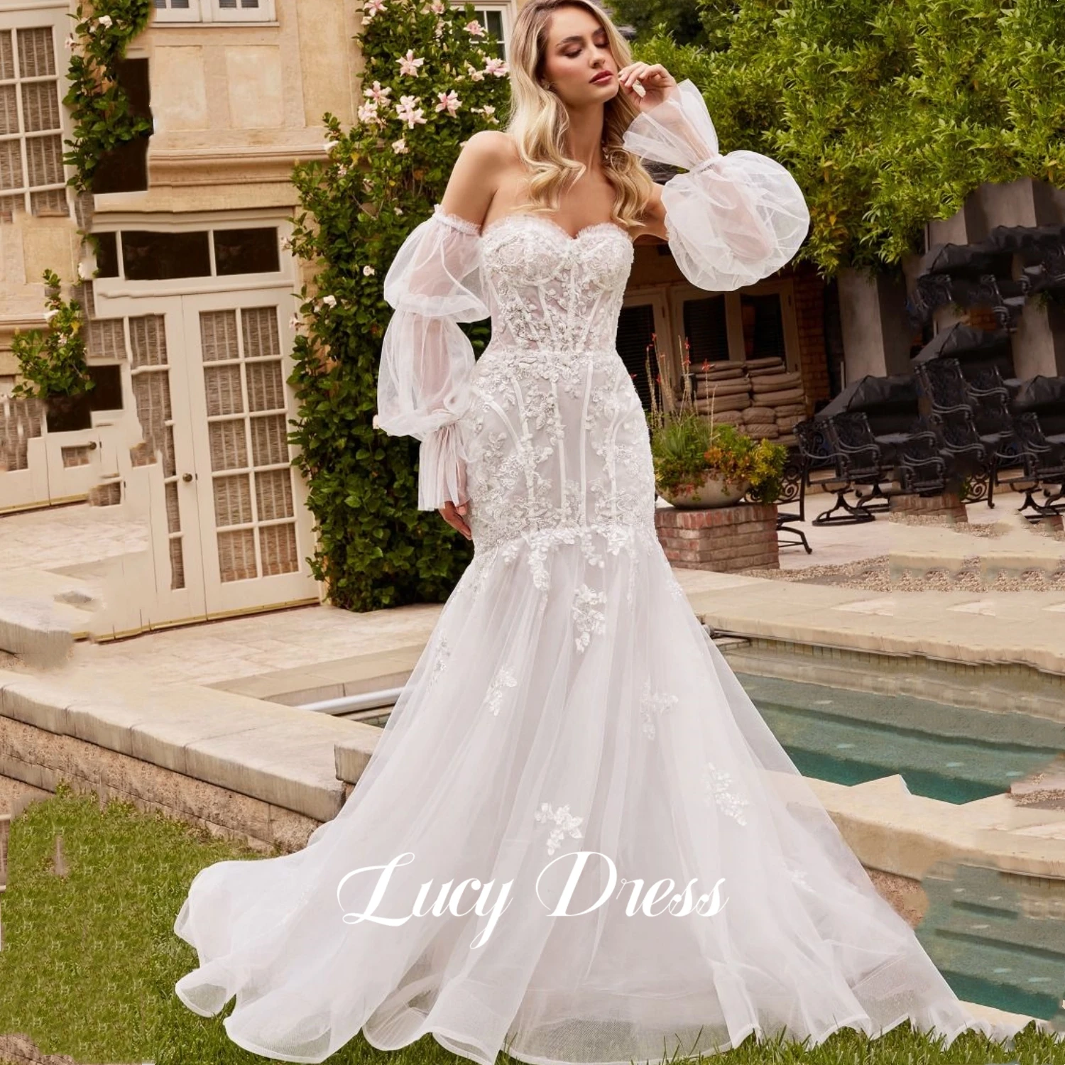 

Lucy White Lace Mermaid Grace Wedding Dress Party Evening Dresses for Weddings Women's Elegant Luxury Woman Prom Celebrity