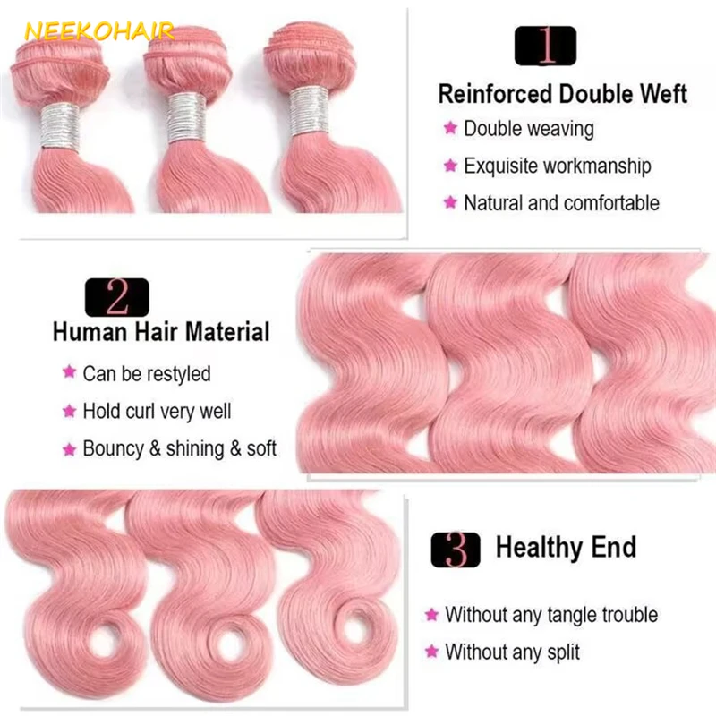 Pacotes de cabelo humano brasileiros, Onda Corporal Remy, Pacotes de cor rosa claro, 13x4 Frontal Weave, 4x4 Encerramento, 100% Cabelo Humano