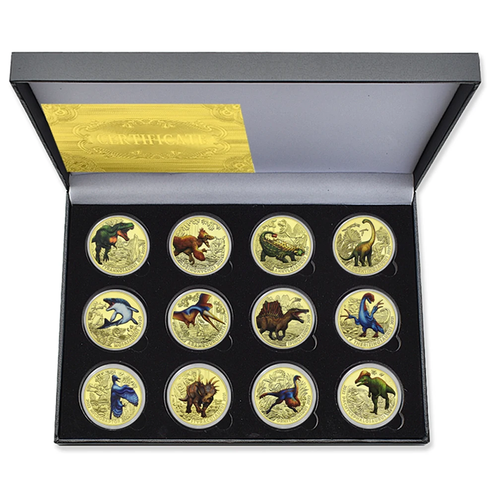Juego de monedas de desafío chapadas en oro de dinosaurios austriacos, colección de medallas de animales raras antiguas, recuerdo de regalo, 12 Uds.