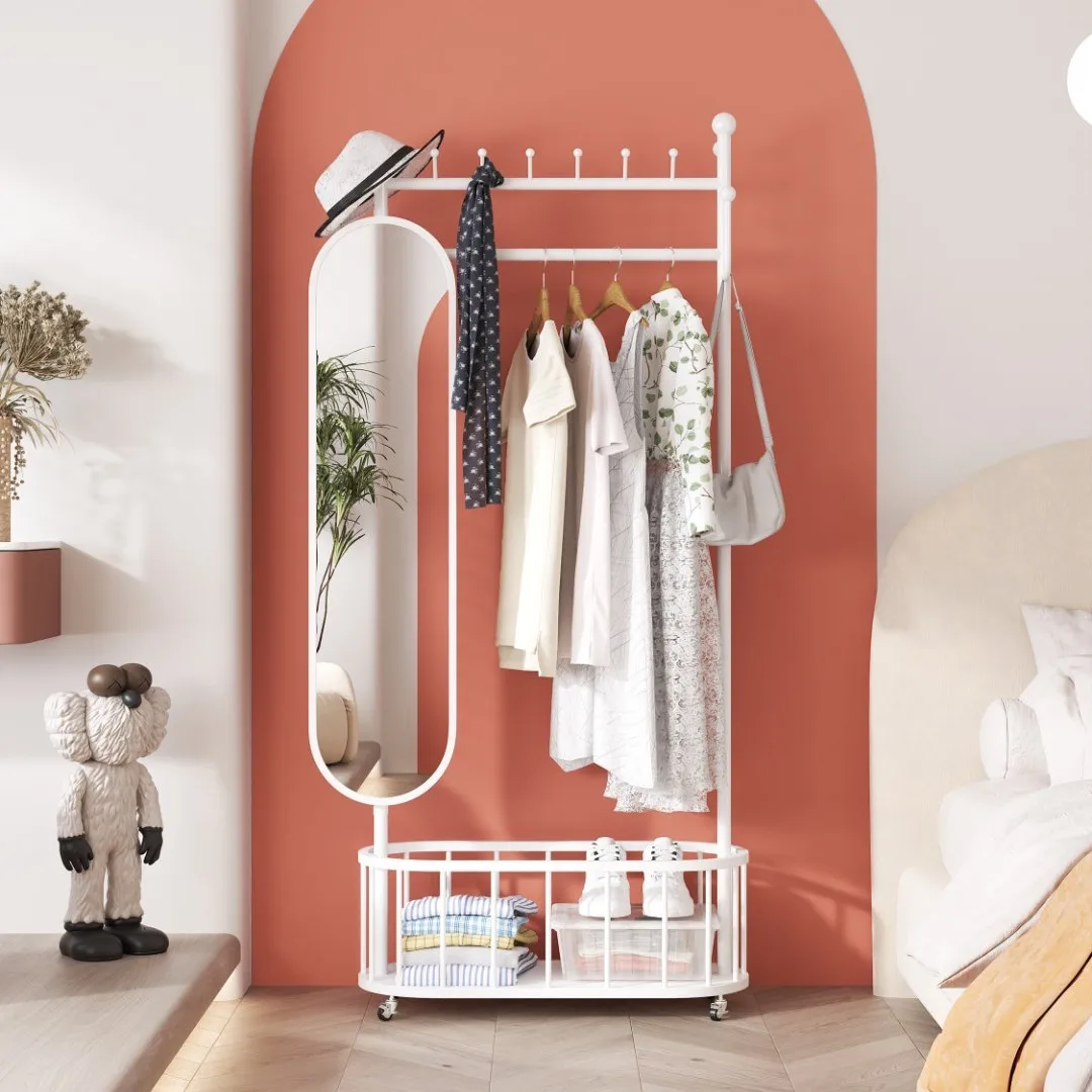 Movable floor hanger Household wrought iron multi-functional coat rack Rotating full-length mirror Integrated hanging hanger