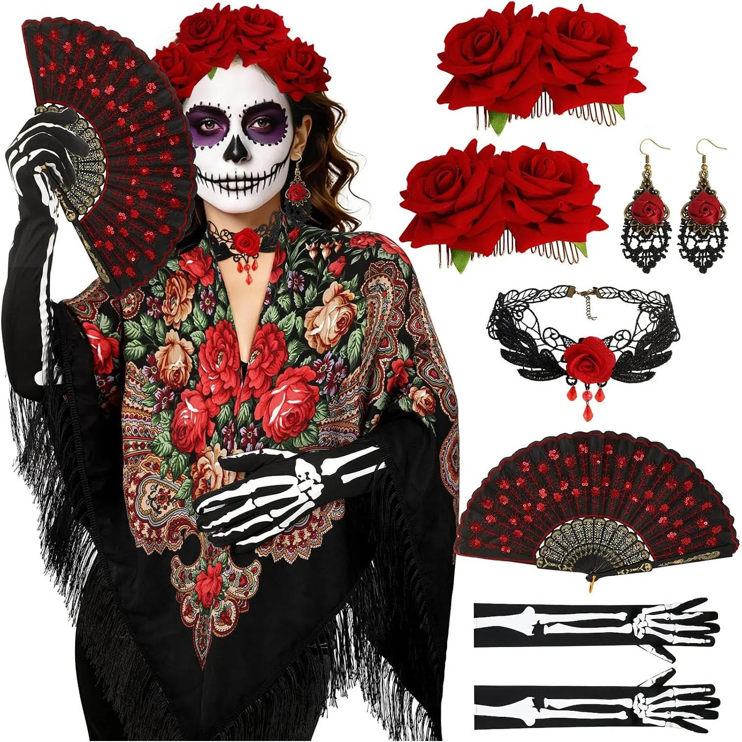 7 Pcs Dia de los Muertos Costume Set Traditional Mexican Tassel Shawl Rose Halloween Mexican Shawl Rose Hair Clips Skull Gloves