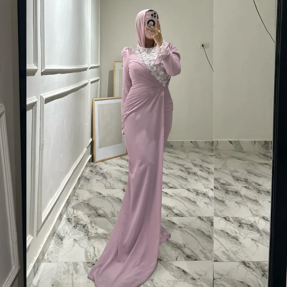 

Customized Chiffon Lace Pleat O-Neck Trumpet Long Dresses Bespoke Occasion Classic Elegant High Quality Evening Party Gown