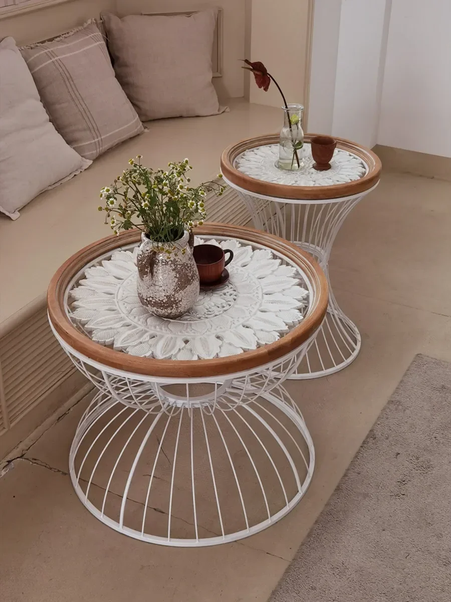 American style rural living room, sofa edge, iron corner, solid wood carved retro circular table, small coffee table, coffee tab