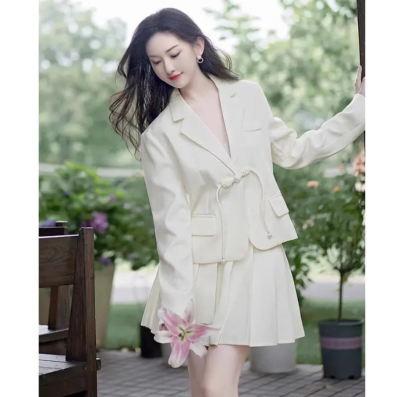 Suit Skirt And Jacket 2023 Autumn New Chinese Style Button Blazer + Pleated Skirt Fashion Temperament Women Two Piece Set Z2438