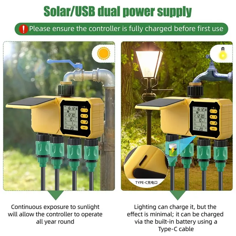 AA77 Garden Water Timer Solar Powered Water Timer 4 Zone Irrigation Controller Automatic Garden Watering System