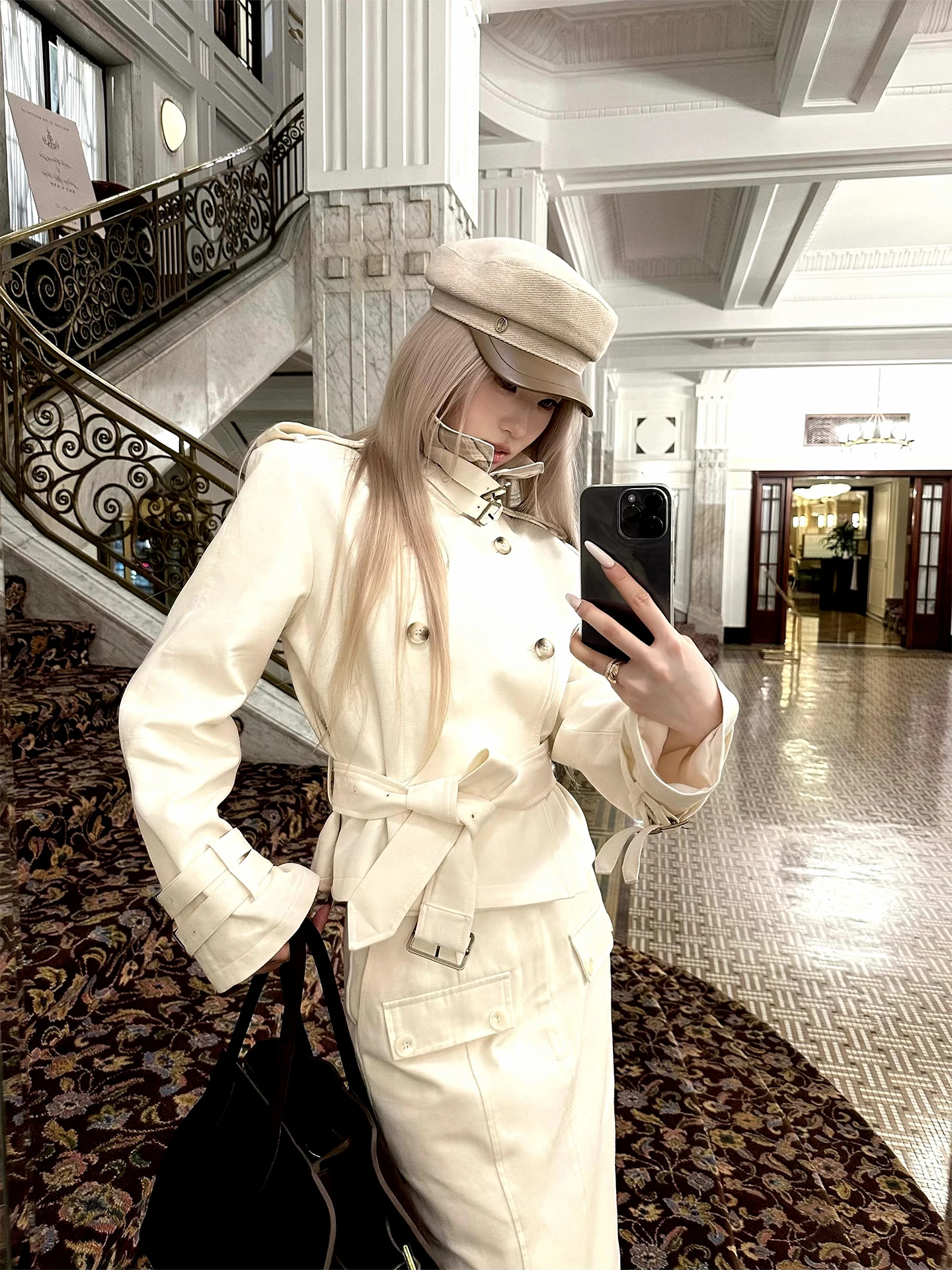

Pure Cotton Double-Breasted Collared Jaet And Skirt Set for Women Autumn Winter Faion Outfit oulder-Length Design
