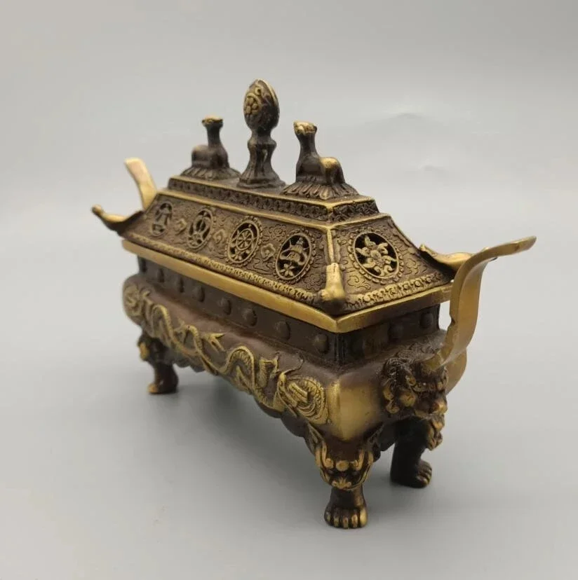 China Brass Archaize Double Dragon Incense Burner Crafts Statue