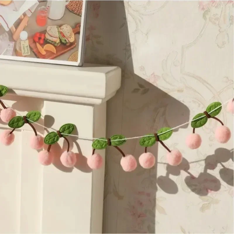 Cherry Felt Ball Handmade Garland String Wall Hanging Ornaments Hair Ball Pendant Kids Room Shower Party Favor Wedding Decor