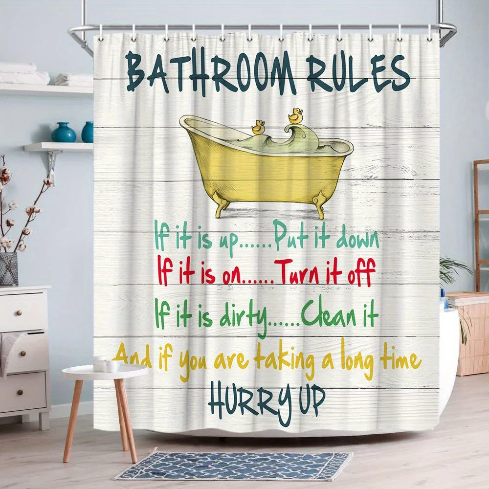 Funny Bathroom Rules Shower Curtain, Vintage Tub Duck Print, Humorous Family Home Decor Waterproof Polyester Fabric Bath Curtain