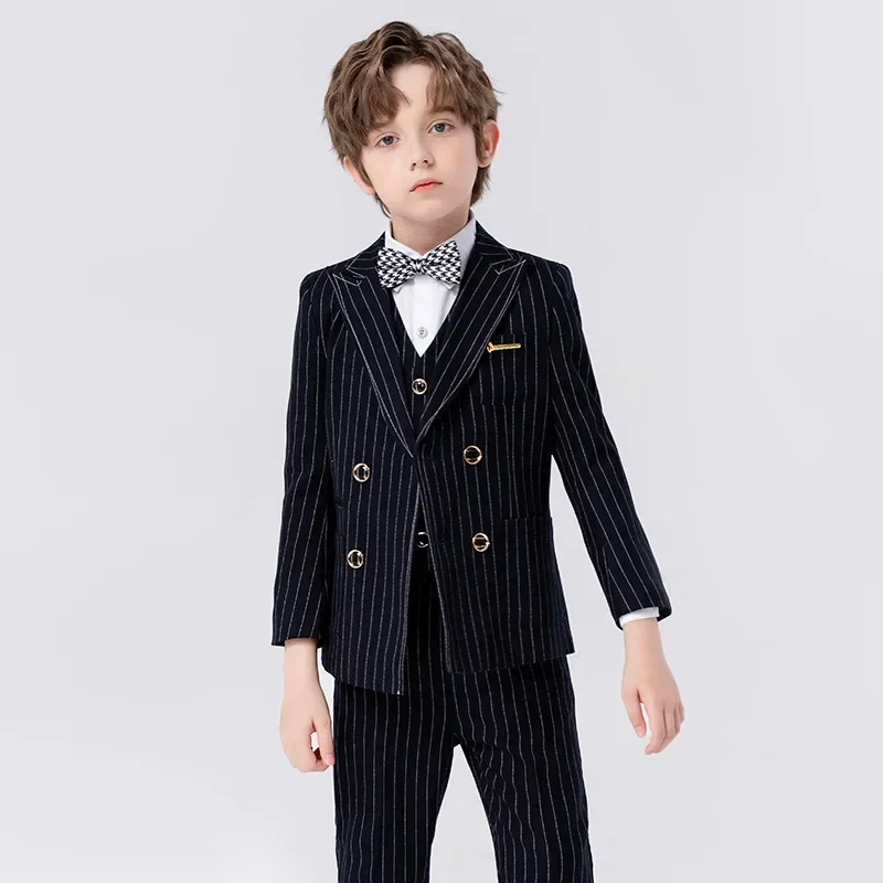 

Boys Black Slim Fit Suits Formal Wear Children Teenager Best man Host Performance Clothes Kids Striped Students Party Full Dress