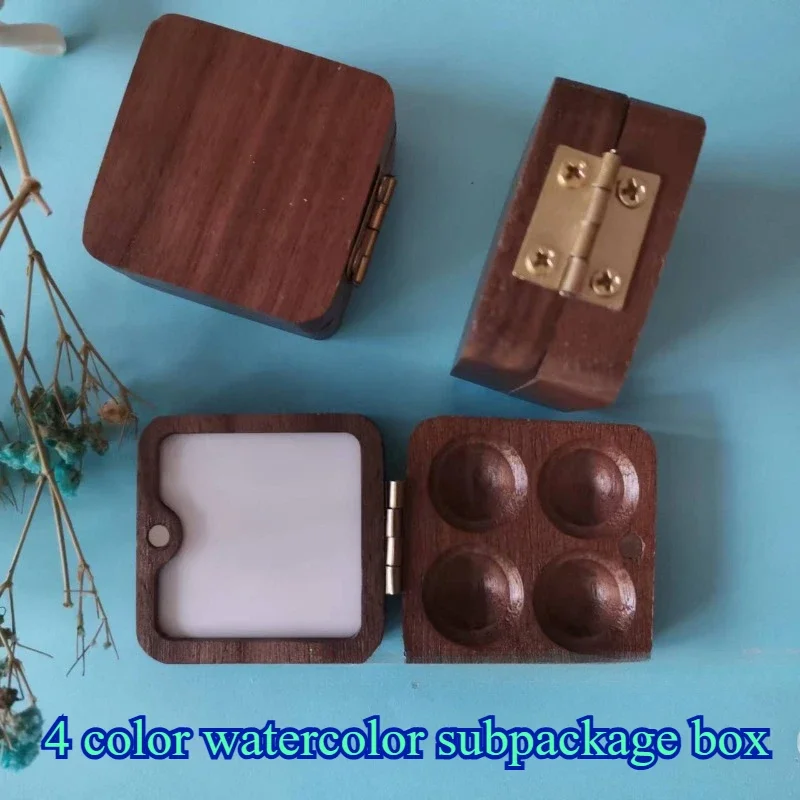 Portable Travel Wooden Handmade 4-color Grid Watercolor Palette Oil Paint Tray Box Empty Box Art Mini Black Walnut Paint Cases