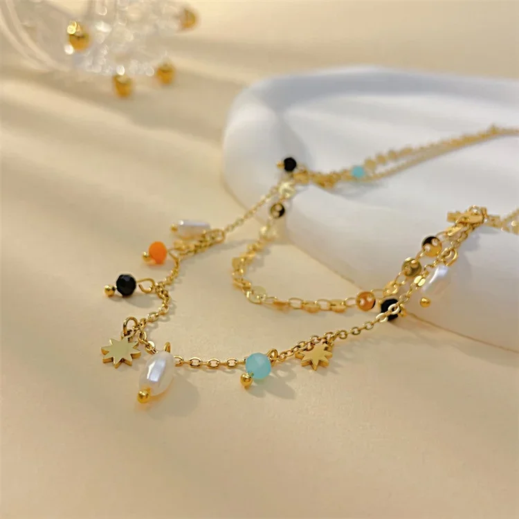 New Fashion Design Double Chains Necklace With Many Colorful Pendant Stainless Steel 18K Gold Plated Necklaces For Women